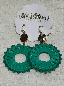 Gold and Teal Circle Drop Earrings