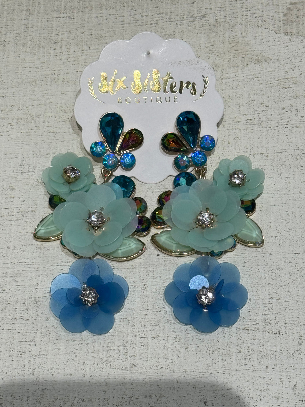Blue Flower Sequin and Crystal Earrings