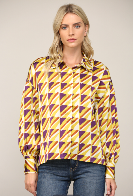 Abstract Print Satin Button Down Shirt by Fate