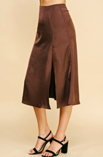 Load image into Gallery viewer, Satin Side Slit Midi Skirt in Mocha