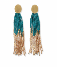 Load image into Gallery viewer, Mae Oval Brass Post 2-Color Beaded Tassel Earrings Teal