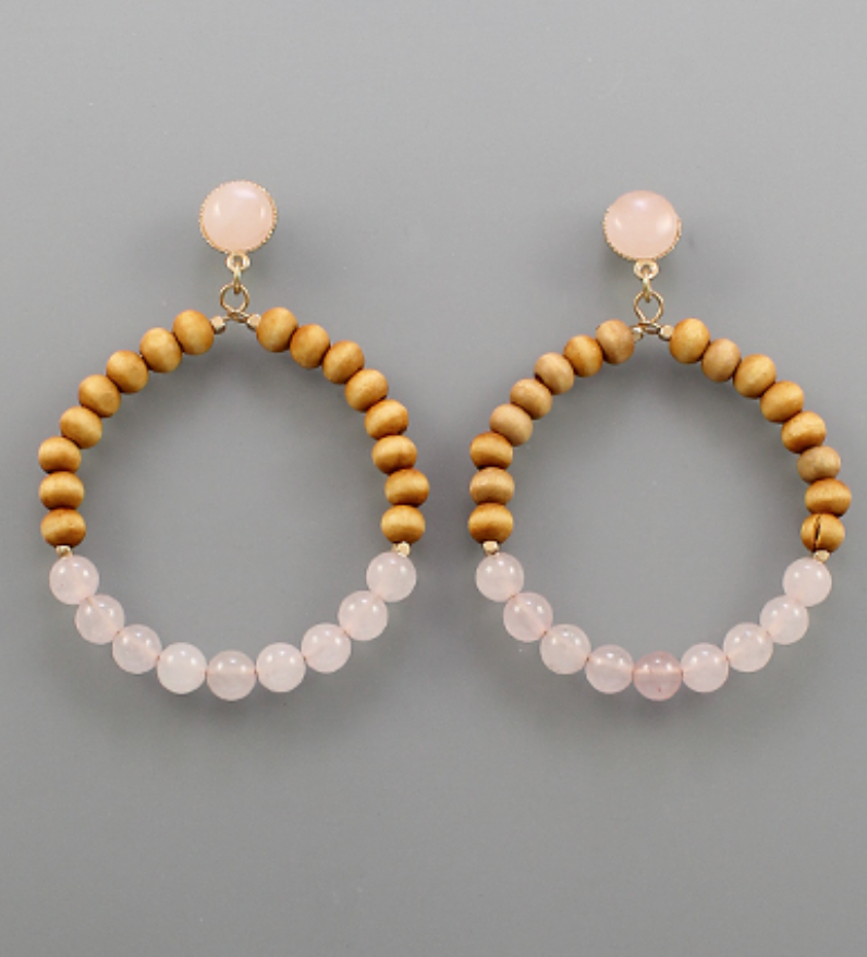 Stone & Wood Ball Circle Earrings
