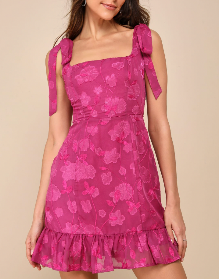 Magenta Floral Embroidered Tie-Strap Mini Dress