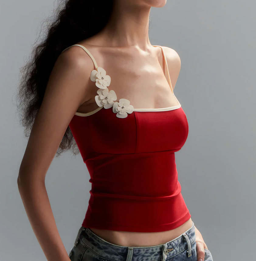 Red & Cream Floral Applique Tank XL