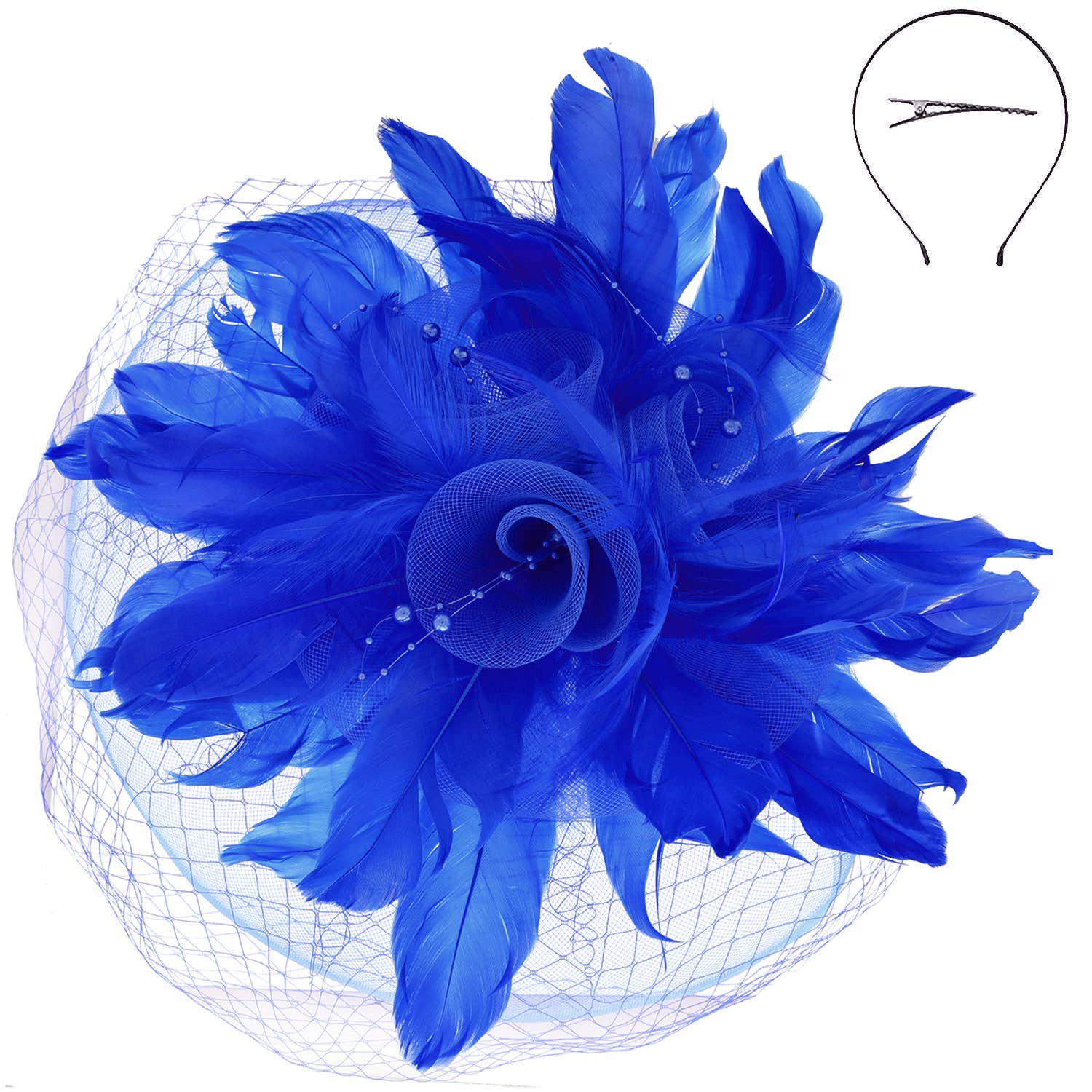 Feather & Flower Bouquet w/ Netted Mesh Fascinator Headband