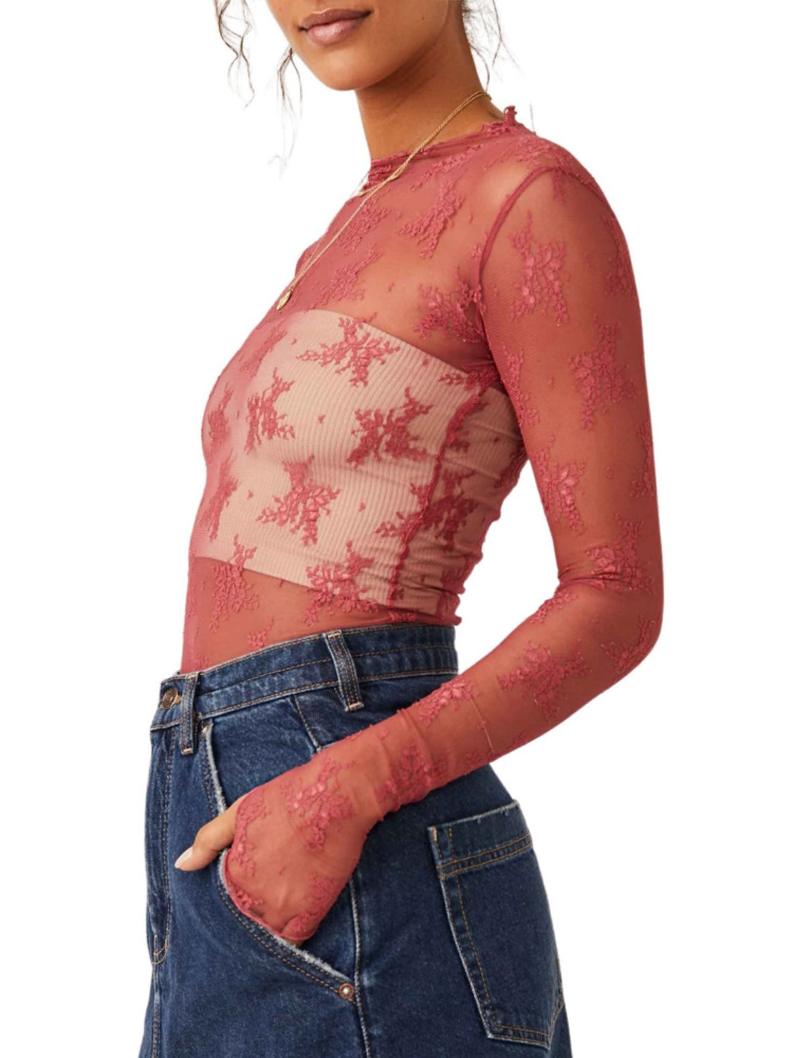 Lace Mock Neck Long Sleeve Blouse (Online Exclusive)