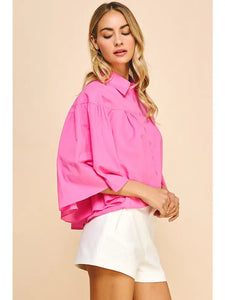 Bell Slv Button Down Shirt - Hot Pink
