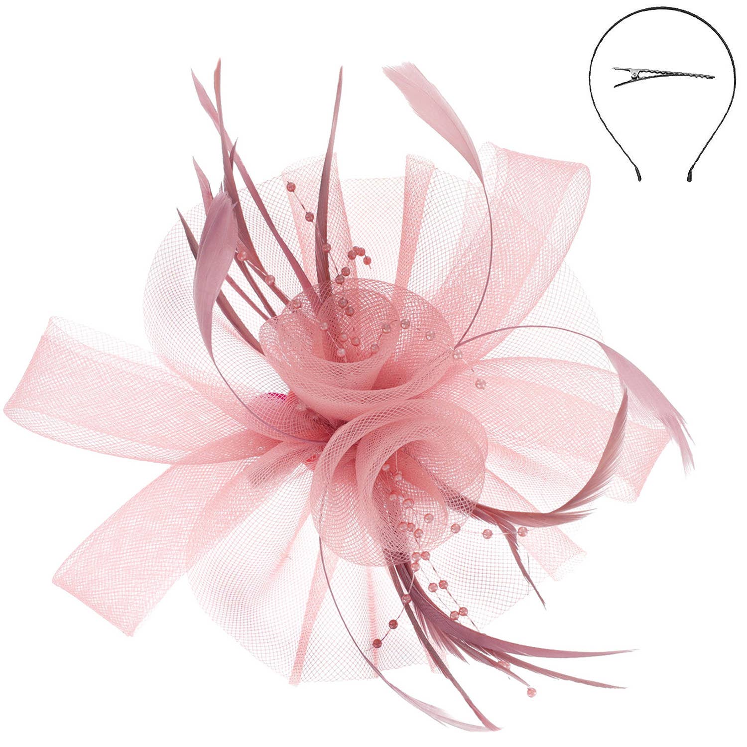 Feather & Double Floral Mesh Fascinator Headband/Clip