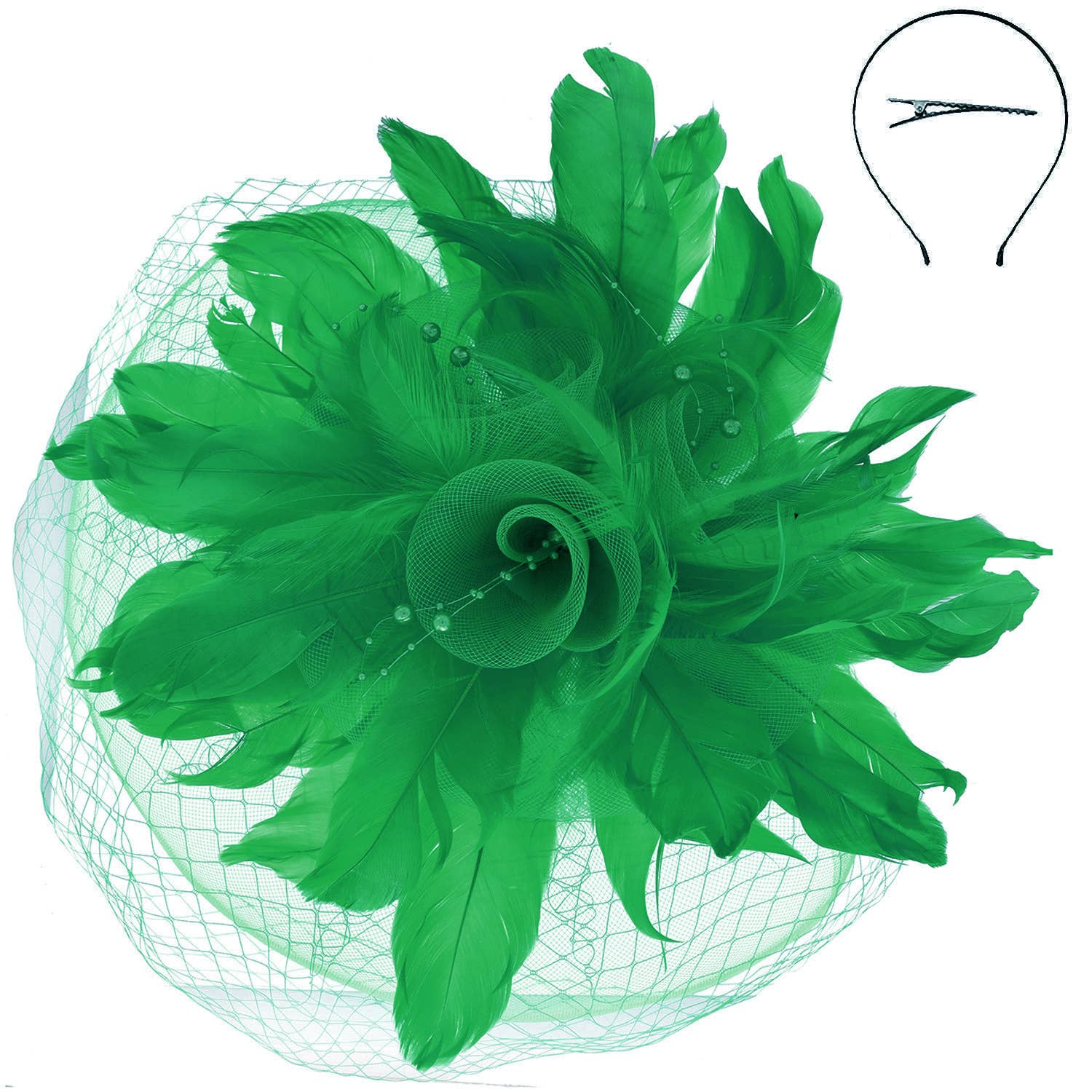 Feather & Flower Bouquet w/ Netted Mesh Fascinator Headband