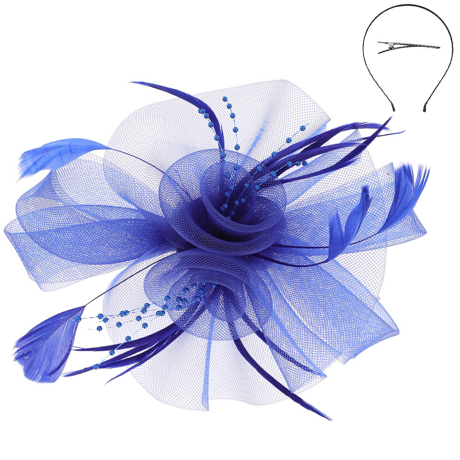 Feather & Double Floral Mesh Fascinator Headband/Clip