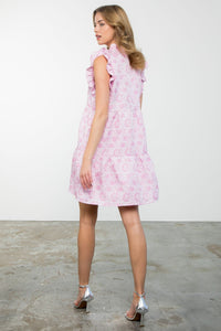 Ruffle Sleeve Textured Flower Print Dress